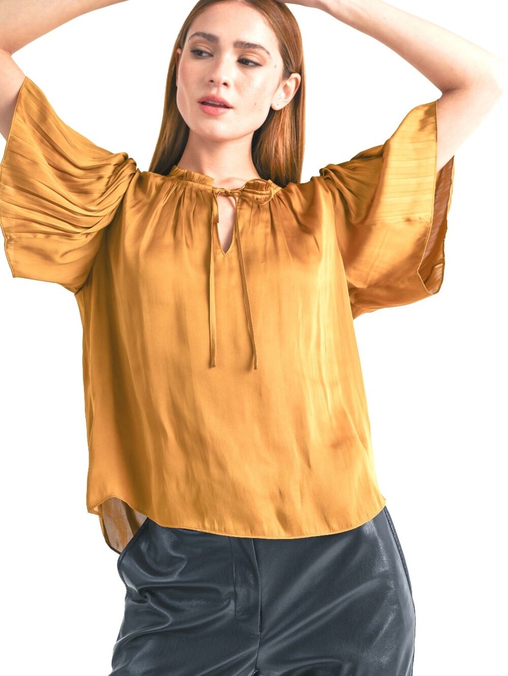 Reset By Jane Women's Tan Tie-Neck Flutter Sleeve Blouse